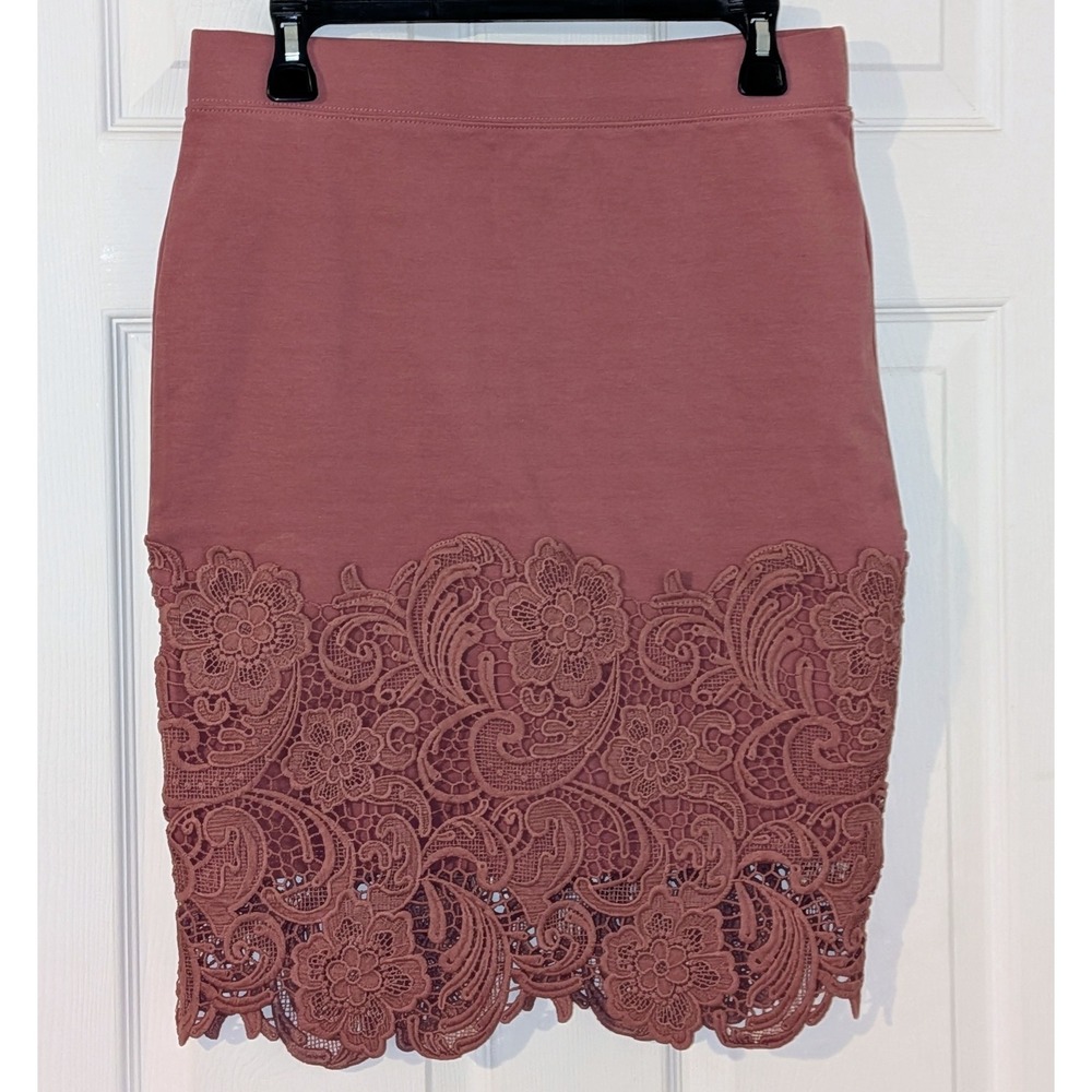 Haute Monde Mauve Rose Floral Lace Hem Pencil Skirt Large Stretch Ponte NWOT